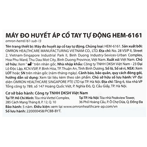 thông tin sản xuất máy Đo Huyết Áp Omron HEM 6161